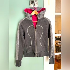 LuLu Scuba Hoodie multi grey knit and pink
